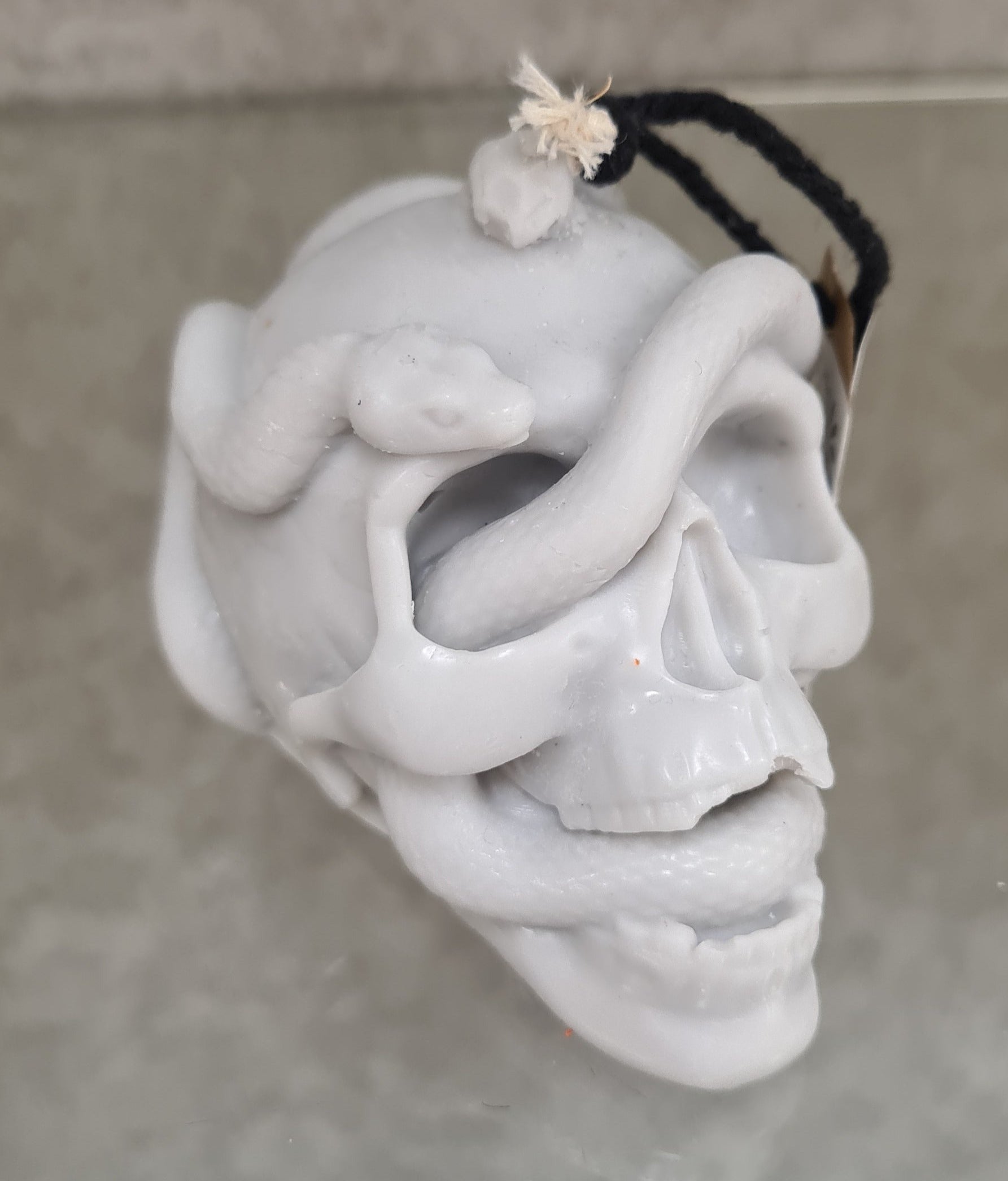 Close-up view of Serpent's Embrace Skull Candle with a snake coiled around a beautifully crafted skull.